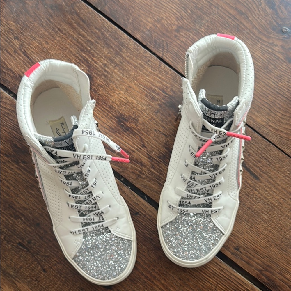 White and Silver Glitter High-Top Sneakers - EUC Vintage Havanna
